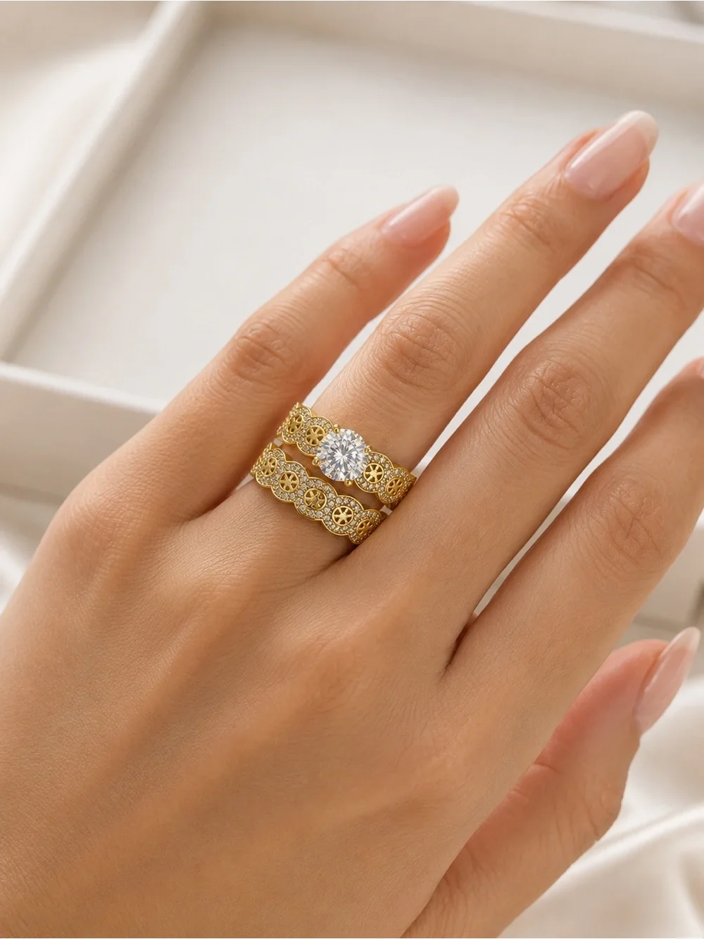 Brazilian Gold 2-Piece CZ Bridal Ring Set - Round Cut